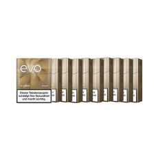 Stange Tabaksticks EVO Gold. Zehn beige Packungen mit weißer evo und for ploom Aufschrift.