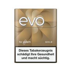 Packung Tabaksticks EVO Gold. Beige Packung mit weißer evo und for ploom Aufschrift.