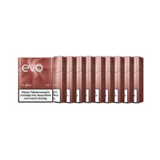 Stange Tabaksticks EVO Tan. Zehn Hellbraune Packungen mit weißer evo und for ploom Aufschrift.