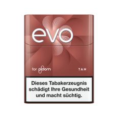 Packung Tabaksticks EVO Tan. Hellbraune Packung mit weißer evo und for ploom Aufschrift.