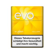 Packung Tabaksticks EVO Yellow. Gelbe Packung mit weißer evo und for ploom Aufschrift.