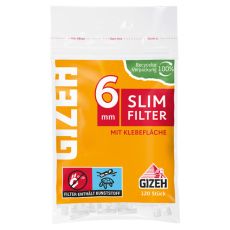 Beutel Filter Gizeh Slim 6mm. Orange Tüte mit rotem Slim Filter Buttom und weißer Gizeh Aufschrift.