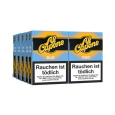 Stange Al Capone Pockets Duo Filter Zigarillos. Zehn blau-gelb-schwarze Packungen mit gelbem Al Capone Logo.