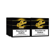 Stange Al Capone Filter Zigarillos. Zehn schwarze Packungen mit gelbem Al Capone Logo.