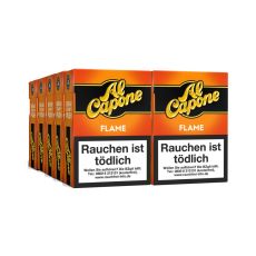 Schachtel Filterzigarillos Al Capone Pockets Flame Filter. Orange-schwarze Packung mit Al Capone Logo.