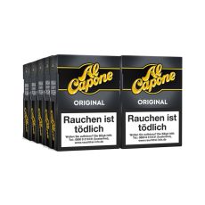 Schachtel Filterzigarillos Al Capone Pockets Filter Original. Schwarze Packung mit gelben Logo.