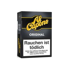 Schachtel Al Capone Pockets Original Filter Zigarillos. Schwarz-graue Packung mit gelben Al Capone Logo.