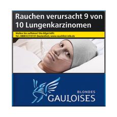 Schachtel Zigaretten Gauloises Blondes Blau. Blaue Packung mit hellblau-weißem Gauloises Logo.