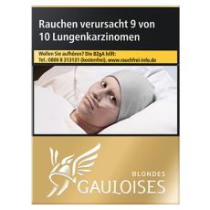 Schachtel Zigaretten Gauloises Blondes Gold 28 Stück. Goldene Packung mit weißem Gauloises Logo.