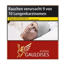 Schachtel Zigaretten Gauloises Blondes rot 43 Stück. Rote Schachtel mit gelb-weißem Gauloises Logo.