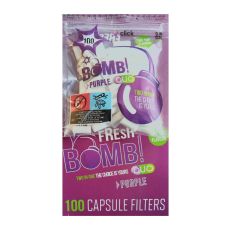 Beutel Fresh Bomb Duo Slim Purple. Klarsichtige Tüte mit lila Fresh Bomb Aufschrift und lila Fresh Bomb Logo.