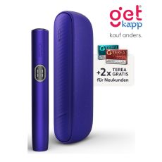 Aktion IQOS Iluma i Electric Purple Registrierung. Lila Gerät mit 2 Packungen Tabaksticks in türkis und bronze.