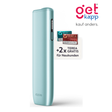 Aktion IQOS Iluma i One Breeze Blue Registrierung. Türkises Gerät mit 2 Packungen Tabaksticks in türkis und bronze.