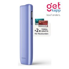 Aktion IQOS Iluma i One Digital Violet Registrierung. Violettes Gerät mit 2 Packungen Tabaksticks in türkis und bronze.