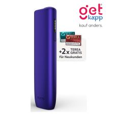 Aktion IQOS Iluma i One Electric Purple Registrierung. Lila Gerät mit 2 Packungen Tabaksticks in türkis und bronze.