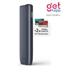 Aktion IQOS Iluma i One Midnight Black Registrierung. Schwarzes Gerät mit 2 Packungen Tabaksticks in türkis und bronze.