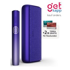 Aktion IQOS Iluma i Prime Electric Purple Registrierung. Lila Gerät mit 2 Packungen Tabaksticks in türkis und bronze.