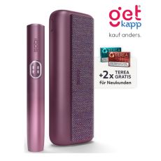 Aktion IQOS Iluma i Prime Garnet Red Registrierung. Weinrotes Gerät mit 2 Packungen Tabaksticks in türkis und bronze.