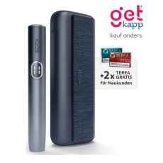 Aktion IQOS Iluma i Prime Midnight Black Registrierung. Schwarzes Gerät mit 2 Packungen Tabaksticks in türkis und bronze.