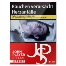 Schachtel Zigaretten John Player Special Classic Red. Rote Packung mit grau-rotem JPS Logo und Classic Aufschrift.