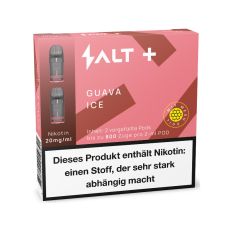 Packung Salt Plus Liquid Pods Guava Ice. Rosa-rot gemusterte Packung mit weißer Salt Aufschrift und graue Pods.