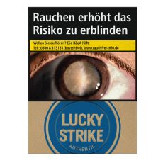 Schachtel Zigaretten Lucky Strike Authentic Blau Giga. Beige Packung mit blauem Lucky Strike Logo und Auge.