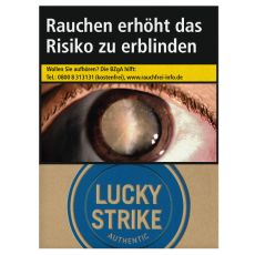 Schachtel Zigaretten Lucky Strike Authentic Blau Super. Große beige Packung mit blauem Lucky Strike Logo und Auge