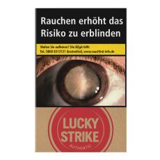 Schachtel Zigaretten Lucky Strike Authentic Rot. Beige Packung mit rotem Lucky Strike Logo und Auge.
