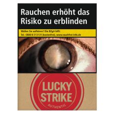 Schachtel Zigaretten Lucky Strike Authentic Rot Super. Große beige Packung mit rotem Lucky Strike Logo und Auge.