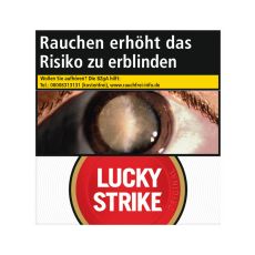 Schachtel Zigaretten Lucky Strike Original Rot Hercules. Weiße Packung mit rotem Lucky Strike Logo und Auge.