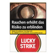 Schachtel Zigaretten Lucky Strike Original Rot ohne Filter. Weiße Packung mit rotem Lucky Strike Logo und Auge.