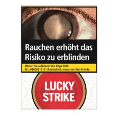 Schachtel Zigaretten Lucky Strike Original Rot. Weiße Packung mit rotem Lucky Strike Logo und Auge.