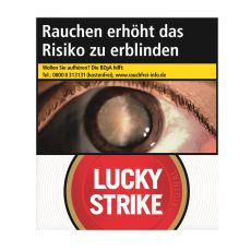 Schachtel Zigaretten Lucky Strike Original Rot King. Weiße Packung mit rotem Lucky Strike Logo und Auge.