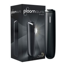 Ploom Tabakerhitzer Aura Jet Black. Schwarzes schmales Gerät mit schwarzer Verpackung und Ploom Aura Aufschrift.