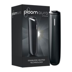 Ploom Tabakerhitzer Aura Jet Black. Schwarzes schmales Gerät mit schwarzer Verpackung und Ploom Aura Aufschrift.