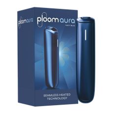 Ploom Tabakerhitzer Aura Navy Blue. Blaues schmales Gerät mit blauer Verpackung und Ploom Aura Aufschrift.