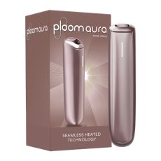 Ploom Tabakerhitzer Aura Rose Gold. Rose-goldenes schmales Gerät mit rose-goldener Verpackung und Ploom Aura Aufschrift.