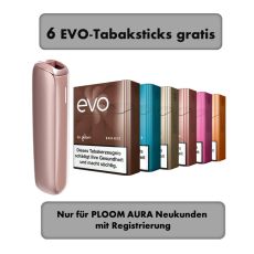 Ploom Tabakerhitzer Rose Gold mit fünf Evo Tabaksticks und Registrierungsbottom.