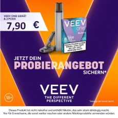 Probierangebot Veev One Silky Grey mit Veev Pods. Graues Gerät mit 1 Packung Veev Pods mit lila-orangen Hintergrund.