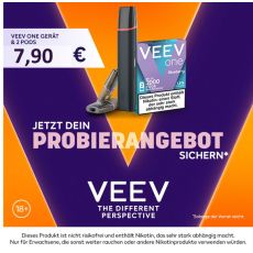 Aktion Veev One Velvet Black mit Veev Pods. Schwarzes Gerät mit 1 Packung Veev Pods mit lila-orangen Hintergrund.