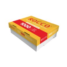 Packung Zigarettenhülsen Rocco 1000 King Size. Gelbe Packung mit roter Rocco Aufschrift und 1000 Button.