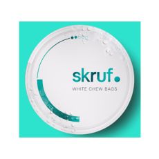 Dose Skruf Kautabak Ice White Chew Bags. Weiße Dose mit türkiser Aufschrift und zwei türkise Punkte.