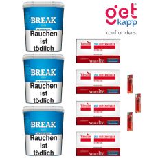 Sparset Break Tabak Blau Giga Box. Drei große blaue Eimer mit weißem Break Logo, Break Plus Hülsen und Feuerzeuge.