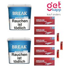Sparset Break Tabak Blau Titan Box. Zwei große blaue Eimer mit weißem Break Logo, Hülsen und Feuerzeuge.