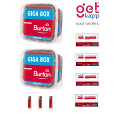 Sparset Tabak Burton Original Full Flavor Rot L. Zwei rote Eimer mit Winston Extra Hülsen und Feuerzeuge.