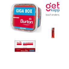 Sparset Tabak Burton Original Full Flavor Rot L Ein roter Eimer mit Winston Extra Hülsen und Feuerzeug.