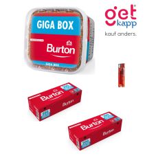 Sparset Tabak Burton Original Full Flavor Rot. Ein roter Eimer mit Burton Hülsen und Feuerzeug.