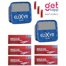 Sparset Elixyr Tabak Blue Volume Eimer. Zwei große blaue Eimer mit weißem Elixyr Logo, Hülsen und Feuerzeuge.
