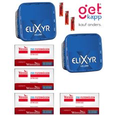 Sparset Elixyr Tabak Blue Volume Eimer. Zwei große blaue Eimer mit weißem Elixyr Logo, Extra Hülsen und Feuerzeuge.