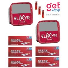 Sparset Elixyr Tabak Red Volume Eimer. Zwei große rote Eimer mit weißem Elixyr Logo, Hülsen und Feuerzeuge.